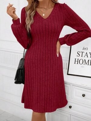 Casual Regular Patchwork V Neck Long Sleeve Mini Sweater Dress - Image 6