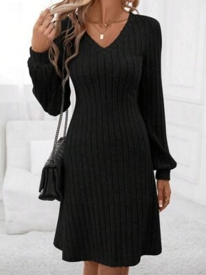 Casual Regular Patchwork V Neck Long Sleeve Mini Sweater Dress - Image 9