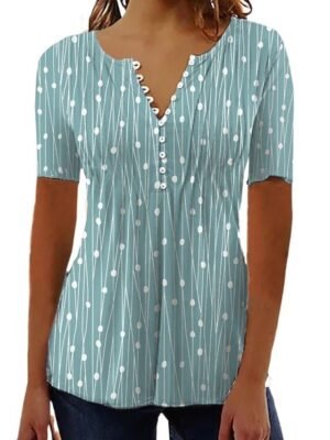 Casual Regular Patchwork V Neck Short Sleeve Tunic Top - Image 2
