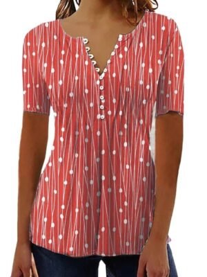 Casual Regular Patchwork V Neck Short Sleeve Tunic Top - Image 4
