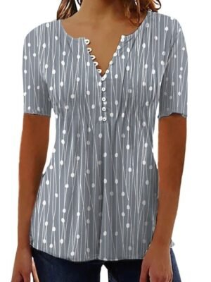 Casual Regular Patchwork V Neck Short Sleeve Tunic Top - Image 5
