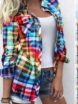 Casual Regular Plaid Colour Block Button Long Sleeve Shirt - Image 1