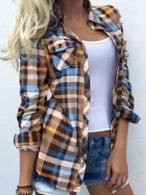 Casual Regular Plaid Colour Block Button Long Sleeve Shirt - Image 3