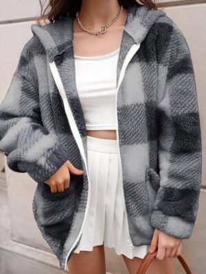 Casual Regular Plaid Hooded Long Sleeve Jacket - Image 16