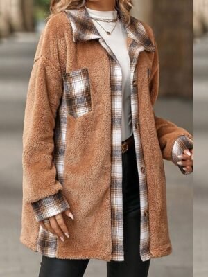 Casual Regular Plaid Long Sleeve Winter Teddy Coat - Image 1