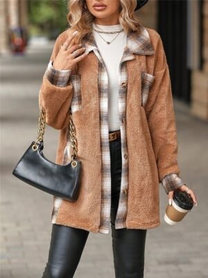 Casual Regular Plaid Long Sleeve Winter Teddy Coat - Image 3