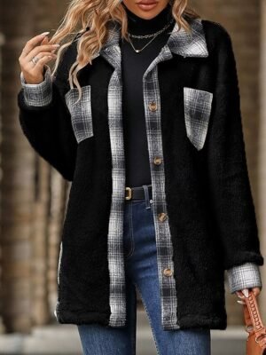 Casual Regular Plaid Long Sleeve Winter Teddy Coat - Image 8