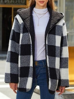 Casual Regular Plaid Open Front Long Sleeve Regular Hoodie - Image 1