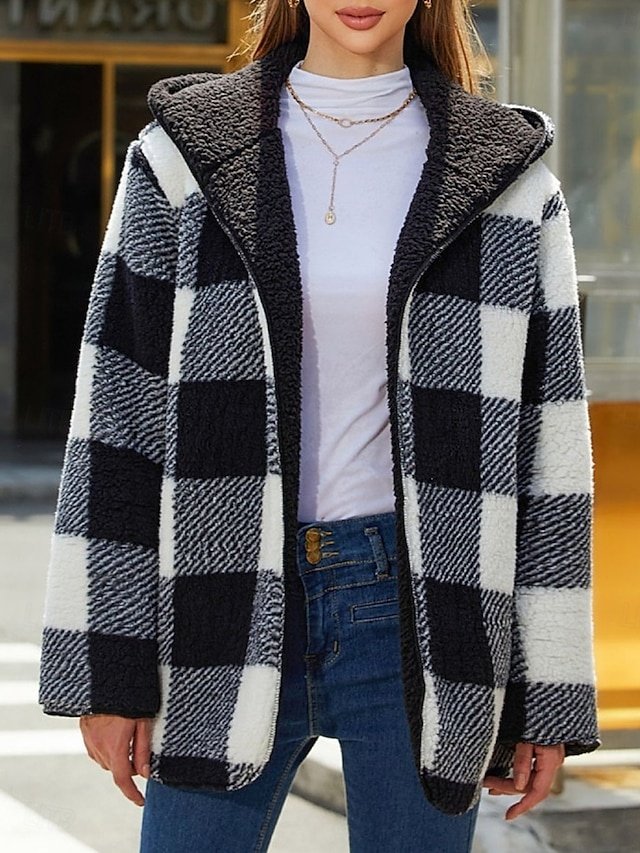 Casual Regular Plaid Open Front Long Sleeve Regular Hoodie - Image 1