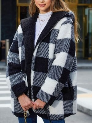 Casual Regular Plaid Open Front Long Sleeve Regular Hoodie - Image 8