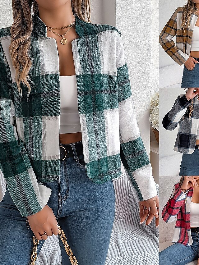 Casual Regular Plaid Stand Collar Long Sleeve Short Jacket - Image 1