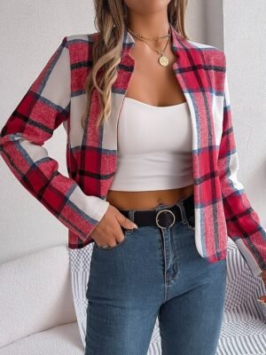 Casual Regular Plaid Stand Collar Long Sleeve Short Jacket - Image 10
