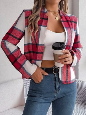 Casual Regular Plaid Stand Collar Long Sleeve Short Jacket - Image 12