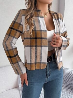 Casual Regular Plaid Stand Collar Long Sleeve Short Jacket - Image 14