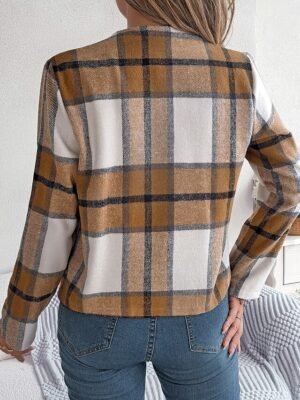 Casual Regular Plaid Stand Collar Long Sleeve Short Jacket - Image 15
