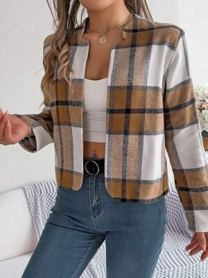 Casual Regular Plaid Stand Collar Long Sleeve Short Jacket - Image 16