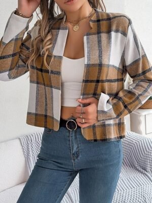 Casual Regular Plaid Stand Collar Long Sleeve Short Jacket - Image 17