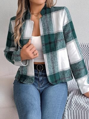 Casual Regular Plaid Stand Collar Long Sleeve Short Jacket - Image 2