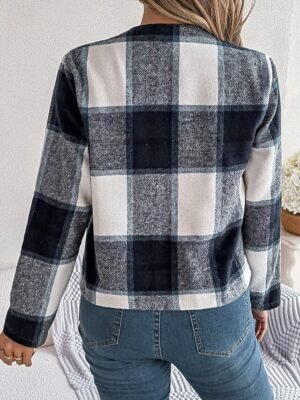 Casual Regular Plaid Stand Collar Long Sleeve Short Jacket - Image 21