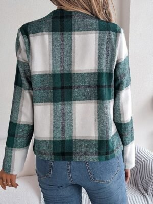 Casual Regular Plaid Stand Collar Long Sleeve Short Jacket - Image 3