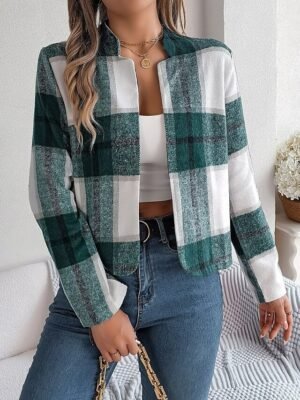 Casual Regular Plaid Stand Collar Long Sleeve Short Jacket - Image 5