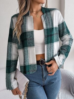 Casual Regular Plaid Stand Collar Long Sleeve Short Jacket - Image 7