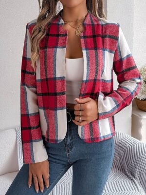 Casual Regular Plaid Stand Collar Long Sleeve Short Jacket - Image 8