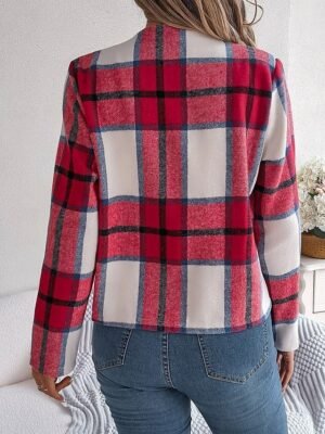 Casual Regular Plaid Stand Collar Long Sleeve Short Jacket - Image 9