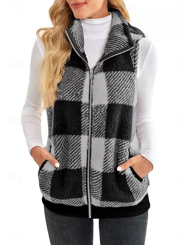 Casual Regular Plaid Stand Collar Sleeveless Vest - Image 1