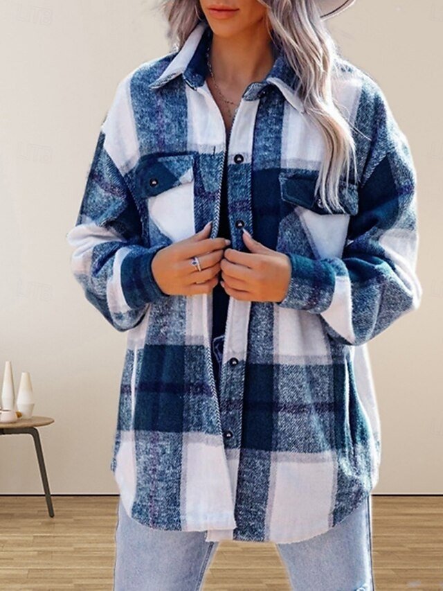 Casual Regular Plaid Turndown Long Sleeve Shirt Jacket - Image 1