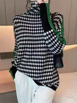 Casual Regular Plaid Turtleneck Long Sleeve Knitted Jumper - Image 1