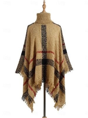 Casual Regular Plaid Turtleneck Long Sleeve Knit Shrug - Image 8