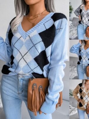 Casual Regular Plaid V Neck Long Sleeve Sweater - Image 1