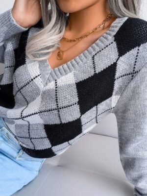 Casual Regular Plaid V Neck Long Sleeve Sweater - Image 11