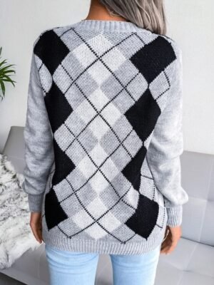 Casual Regular Plaid V Neck Long Sleeve Sweater - Image 12