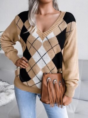 Casual Regular Plaid V Neck Long Sleeve Sweater - Image 13