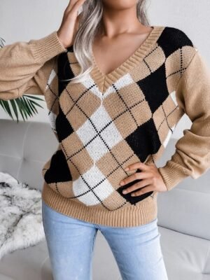 Casual Regular Plaid V Neck Long Sleeve Sweater - Image 14