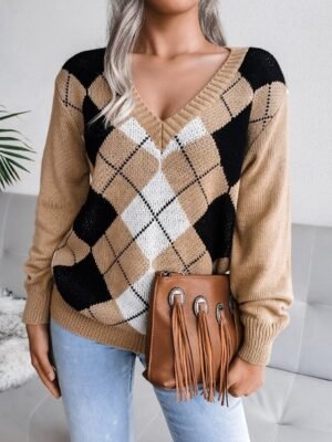 Casual Regular Plaid V Neck Long Sleeve Sweater - Image 15