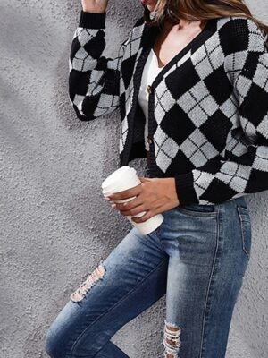 Casual Regular Plaid V Neck Long Sleeve Cardigan - Image 3