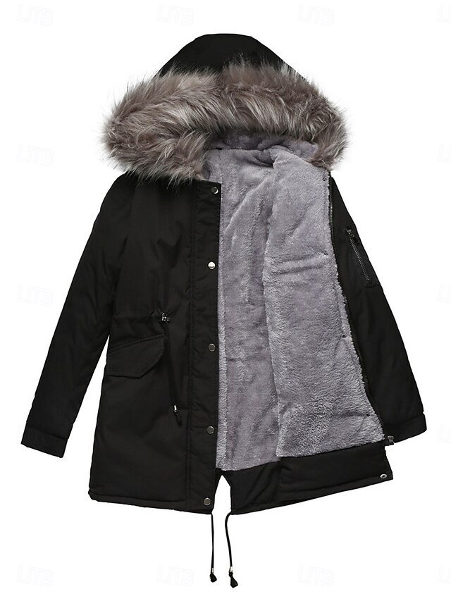 Casual Regular Plain Fur Collar Long Sleeve Parka - Image 1