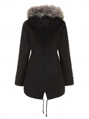 Casual Regular Plain Fur Collar Long Sleeve Parka - Image 2