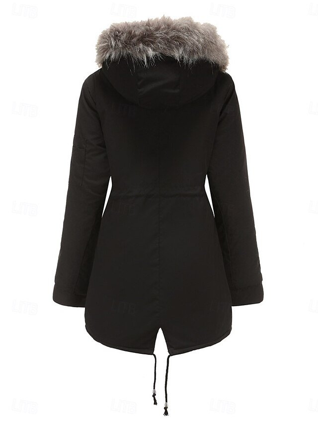 Casual Regular Plain Fur Collar Long Sleeve Parka - Image 2