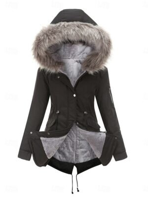 Casual Regular Plain Fur Collar Long Sleeve Parka - Image 5
