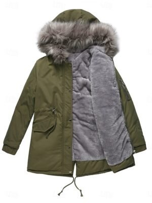 Casual Regular Plain Fur Collar Long Sleeve Parka - Image 7