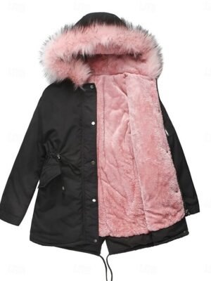 Casual Regular Plain Fur Collar Long Sleeve Parka - Image 8
