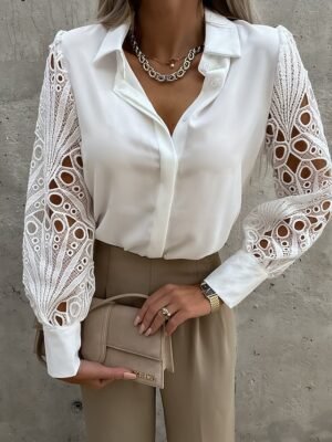 Casual Regular Plain Lace Shirt Collar Long Sleeve Shirt - Image 1