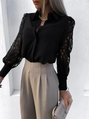 Casual Regular Plain Lace Shirt Collar Long Sleeve Shirt - Image 10