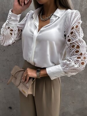 Casual Regular Plain Lace Shirt Collar Long Sleeve Shirt - Image 2