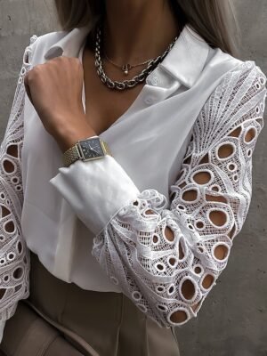 Casual Regular Plain Lace Shirt Collar Long Sleeve Shirt - Image 3