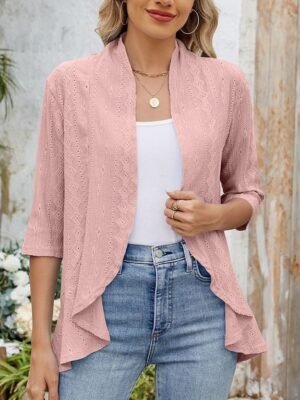 Casual Regular Plain Open Front Collarless 3/4 Sleeve Jacket - Image 10